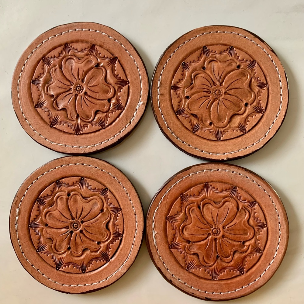 All leather tooled coasters in a set of 4